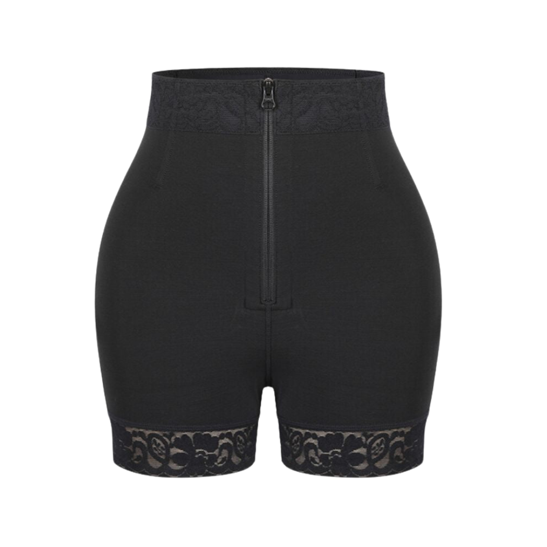 High Waist Zip Front Lace Trim Shaping Shorts