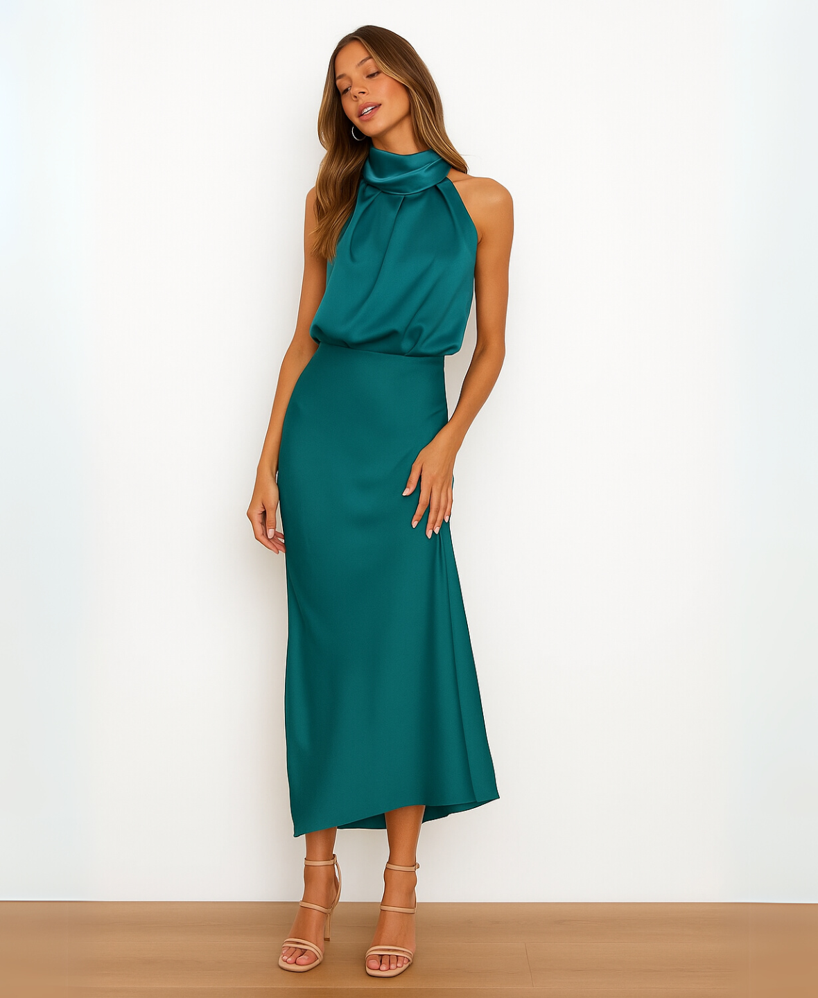 Satin Halter Neck Draped Cowl Bias Midi Dress 20