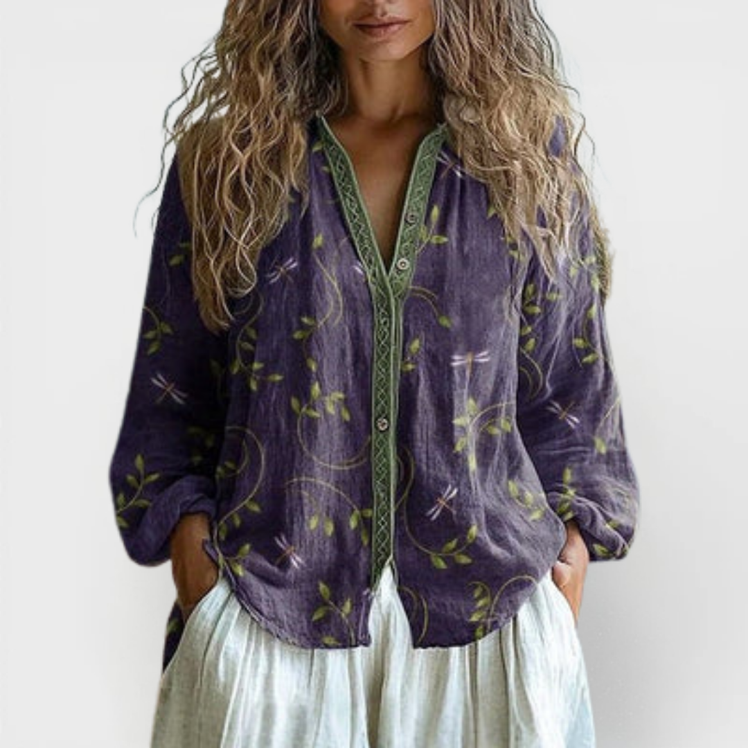 V-Neck Long Sleeve Floral Print Button Front Blouse 2