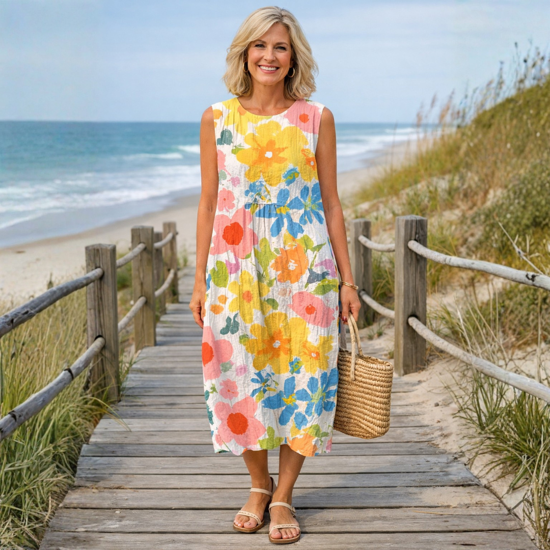 Painterly Floral Round Neck Sleeveless Midi Dress 2
