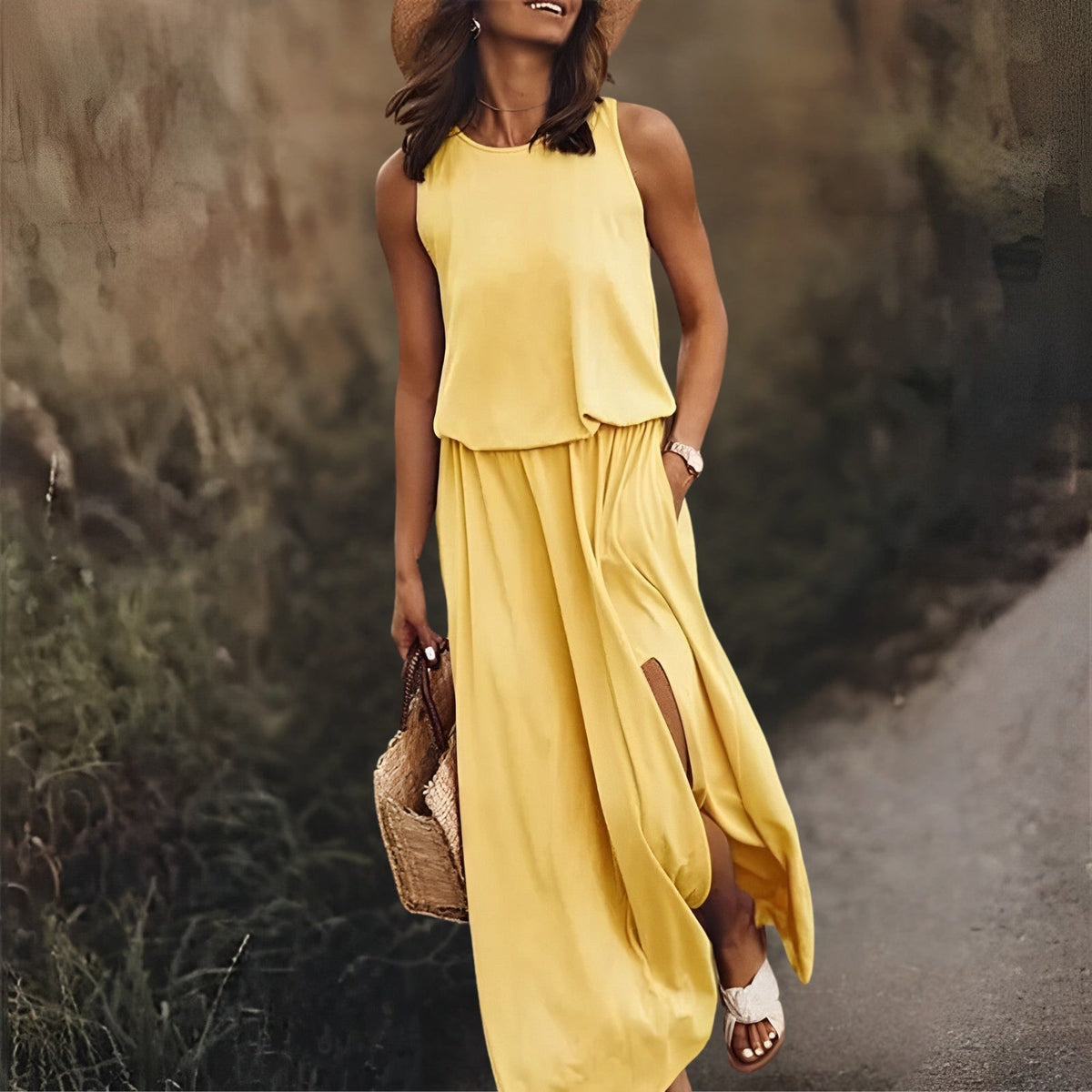 Satin Crew Neck Sleeveless High Split Maxi Summer Dress - View 10