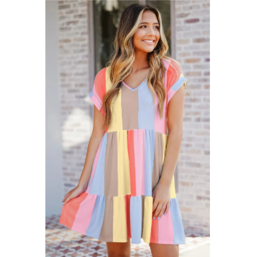 Vertical Stripe Short Sleeve V-Neck Tiered Ruffle Babydoll Mini Dress