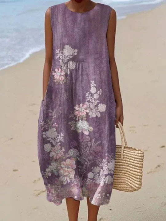 Vintage Floral Sleeveless Round Neck Midi Dress
