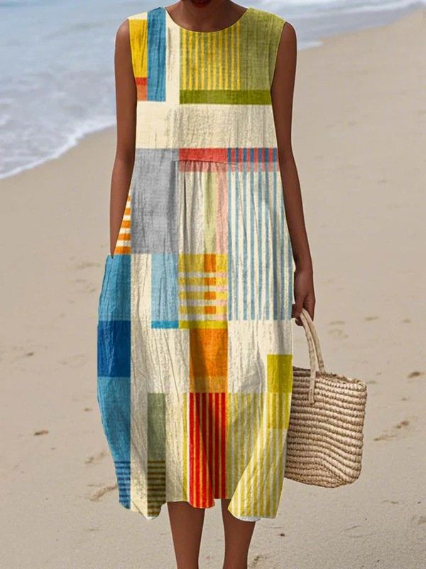 Round Neck Sleeveless Geometric Color Block Print Midi Dress