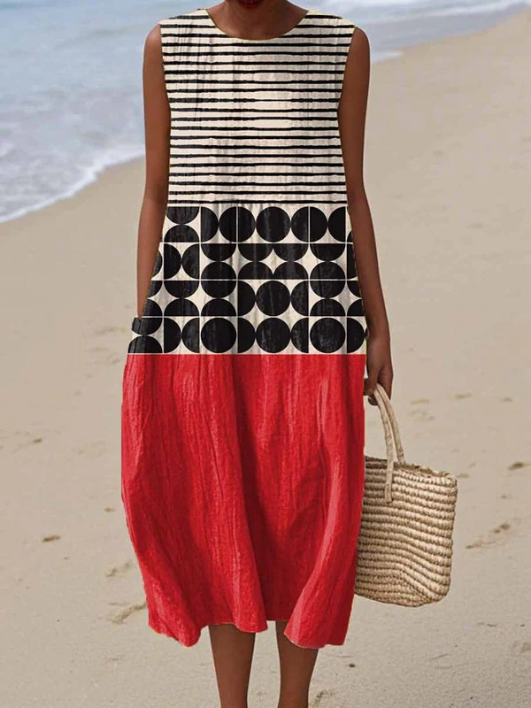 Geometric Colorblock Round Neck Sleeveless Midi Dress