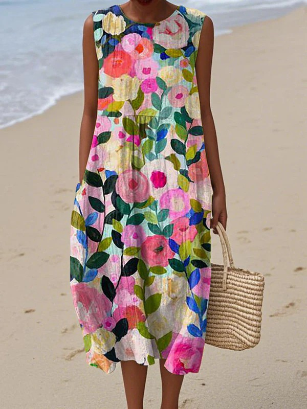 Floral Round Neck Sleeveless Midi Dress