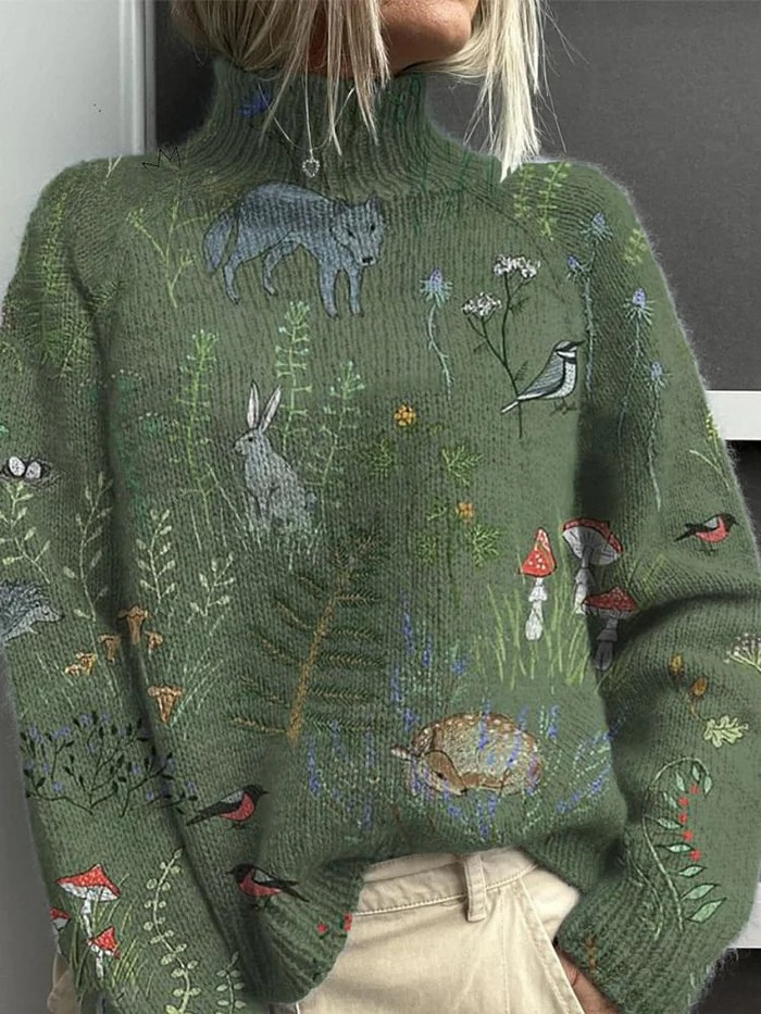 Woodland Animal Print Turtleneck Knit Sweater