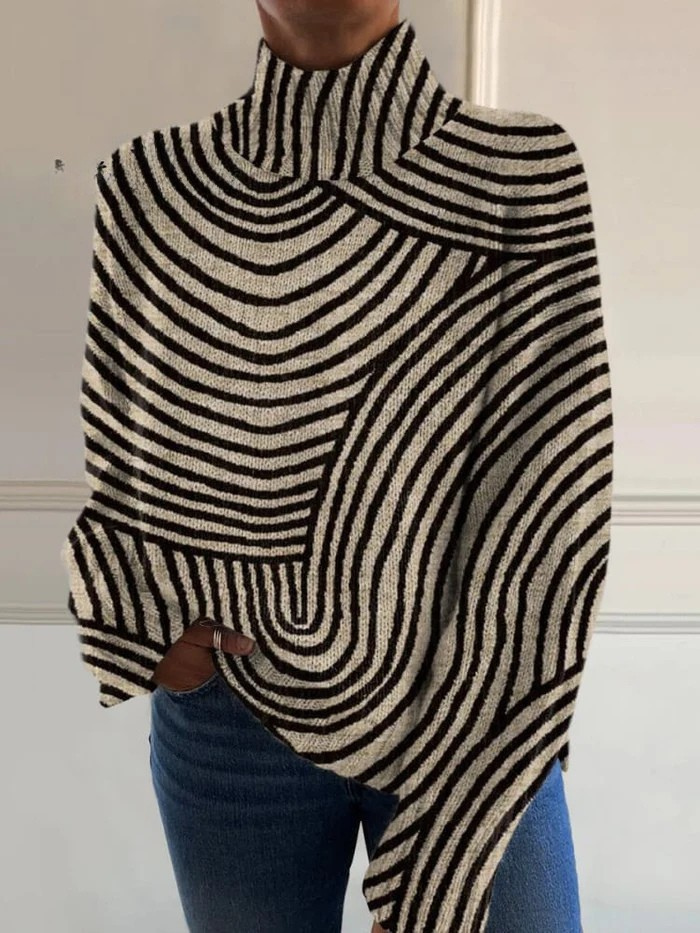 Curved Stripe High Neck Long Sleeve High Low Knit Sweater