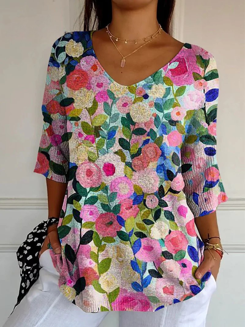 Painted Floral V-Neck Three Quarter Sleeve Tunic