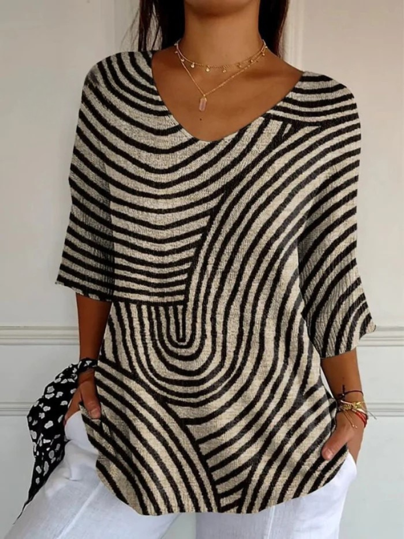 Abstract Line Print V-Neck Half Sleeve Tunic Top