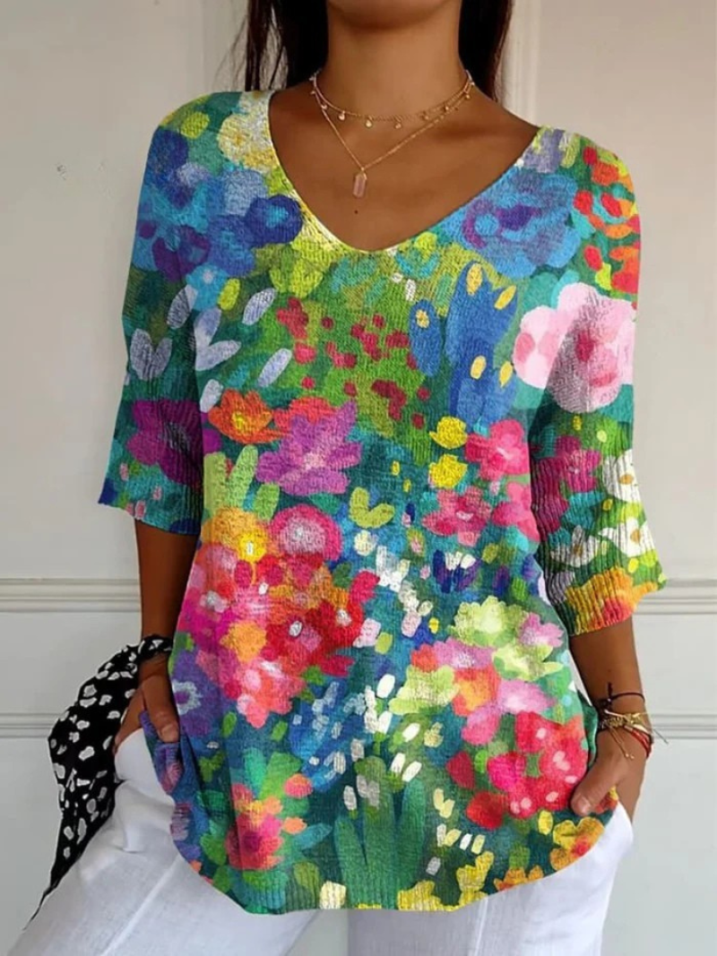 Painterly Floral Print V-Neck Half Sleeve Tunic Top