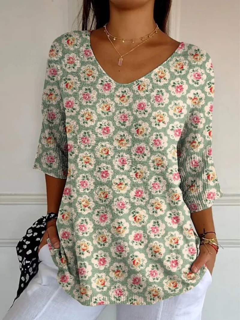 Floral Print V-Neck Half Sleeve Waffle Knit Tunic Top