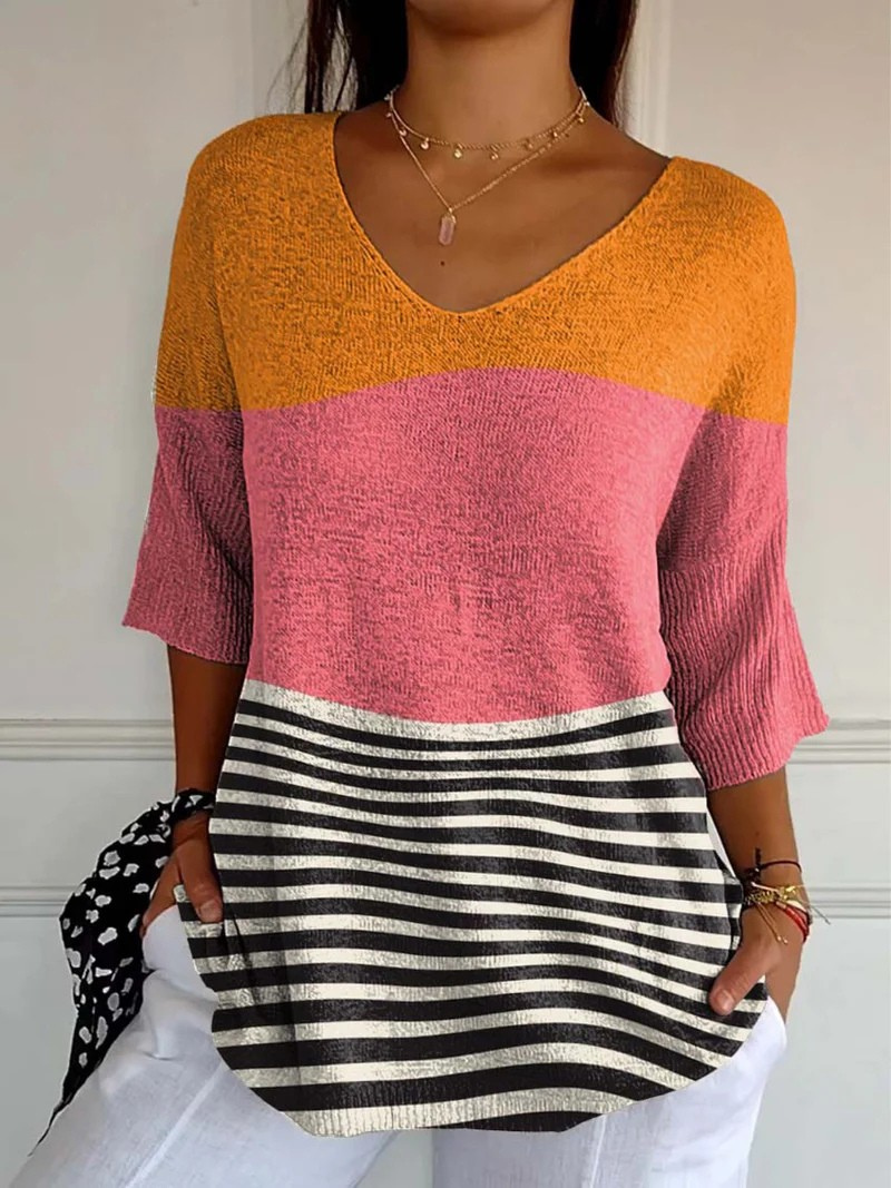 Color Block Striped Hem V-Neck Knit Top