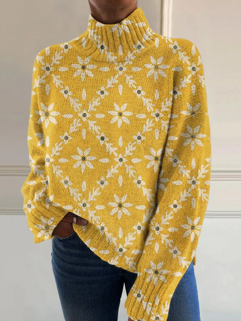 Turtleneck Long Sleeve Floral Geometric Knit Sweater
