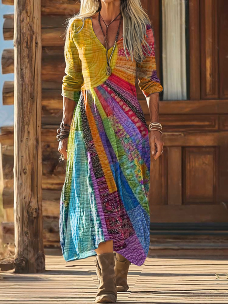 V-Neck Long Sleeve Patchwork Print Boho Maxi Dress