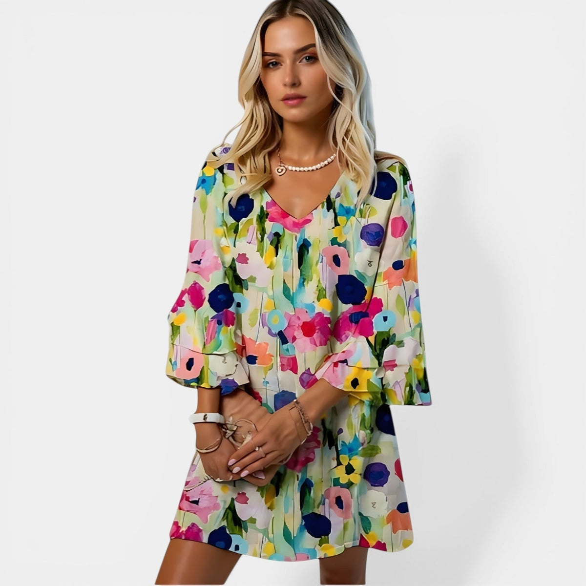 Watercolor Floral V-Neck Flare Sleeve Mini Dress