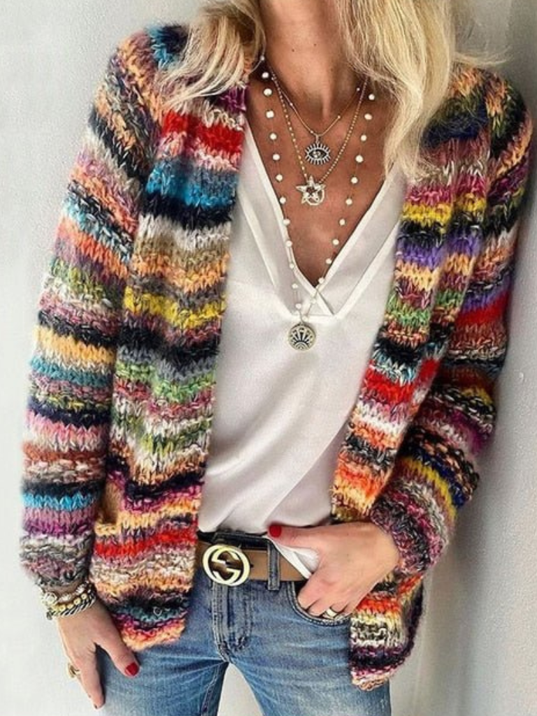 Space Dye Striped Open Front Knit Cardigan 2