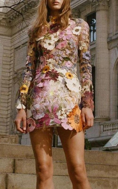 Mock Neck Long Sleeve Floral Embroidered Mesh Bodycon Mini Dress - View 8