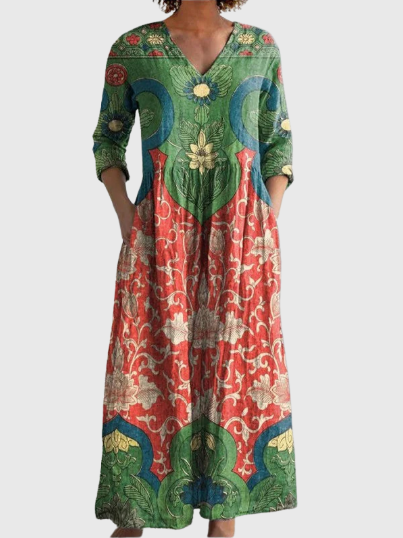 Floral Print V-Neck Three Quarter Sleeve Maxi Dress 2