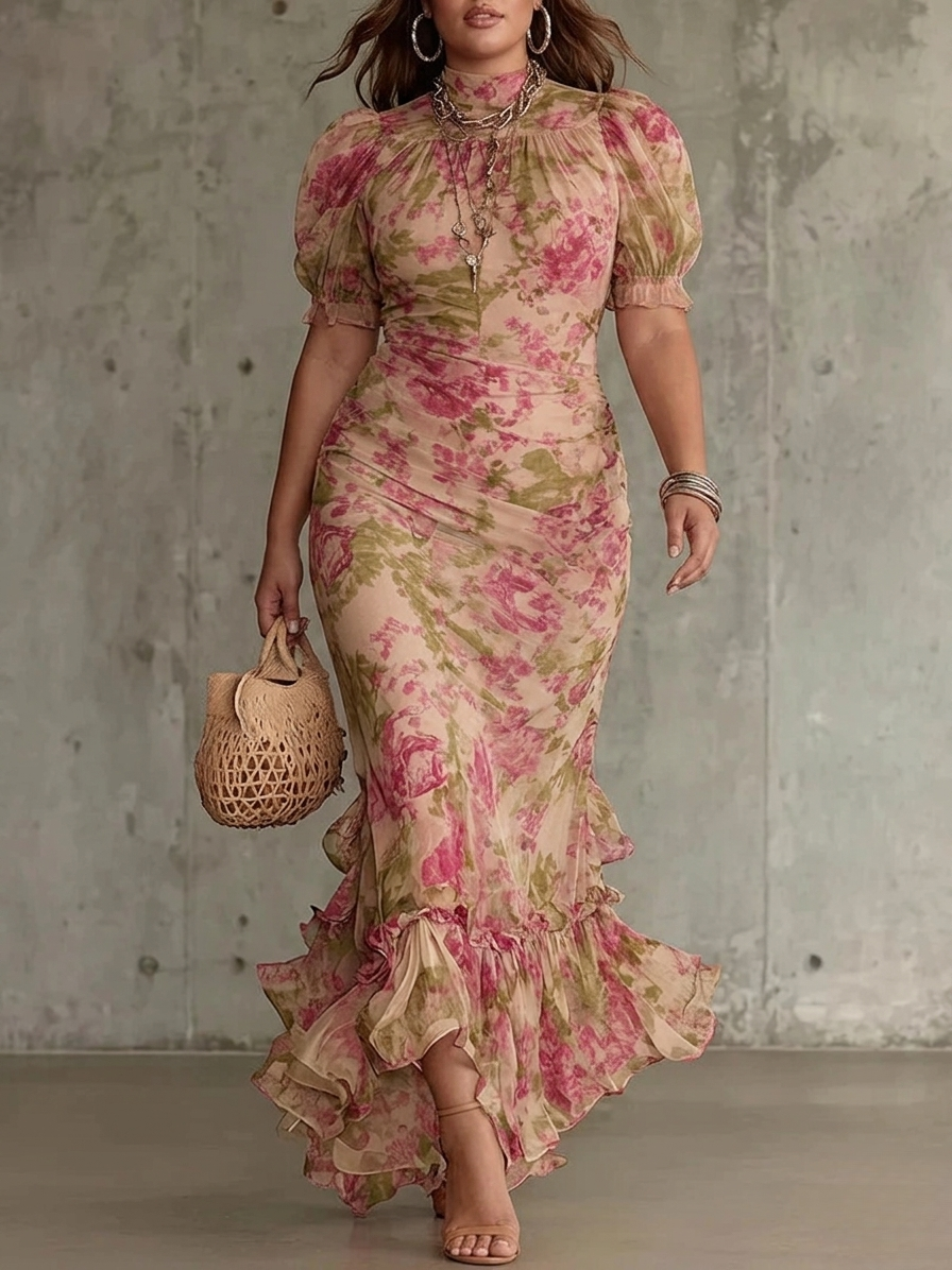 Floral Print Mock Neck Puff Sleeve Ruffle Hem Mermaid Maxi Dress 2