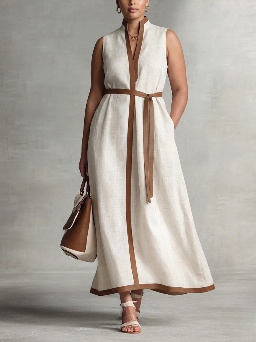 V-Neck Contrast Trim High Split Sleeveless Maxi Dress 2