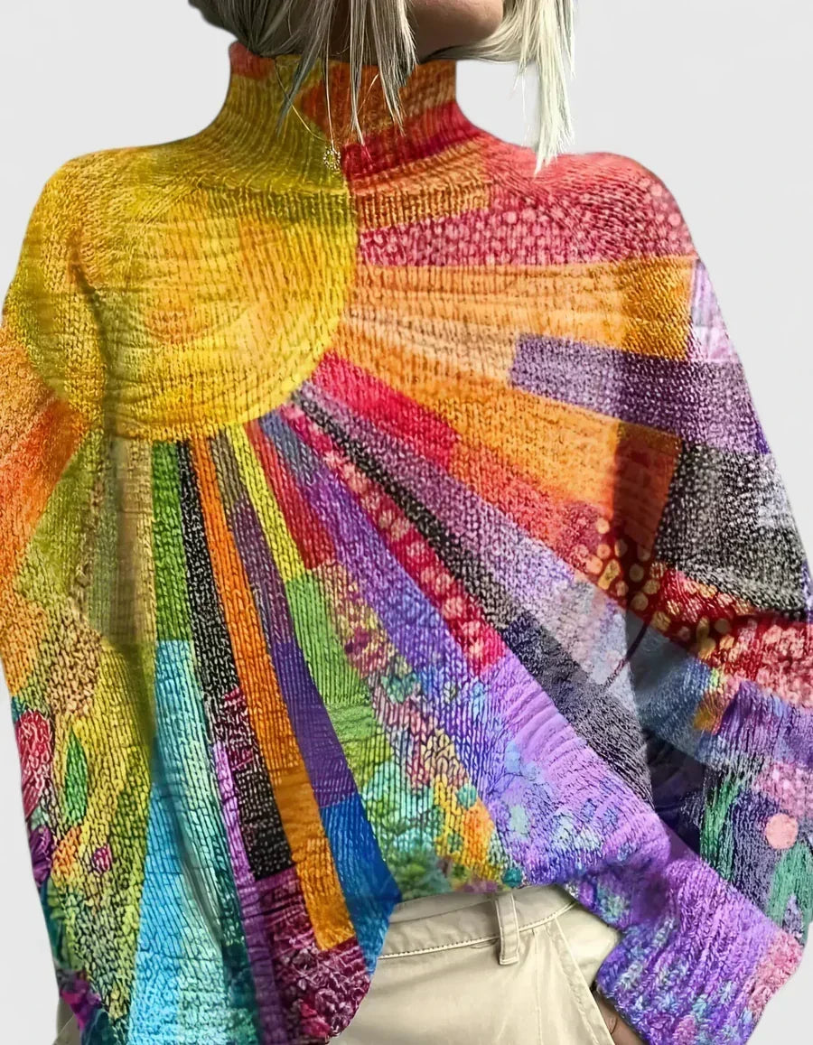 Mock Neck Sunburst Print Oversized Knit Sweater