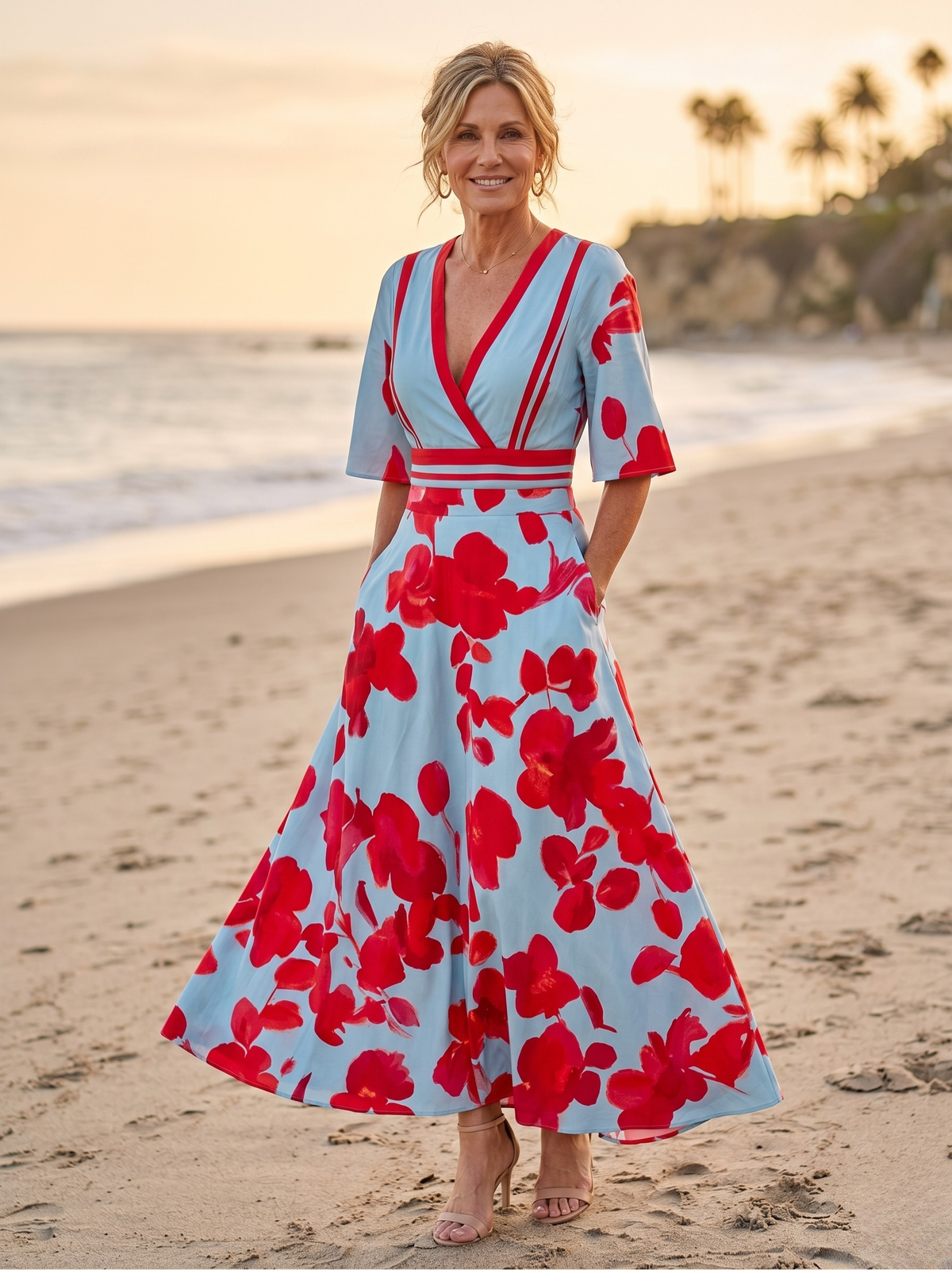 Floral Print V-Neck Wrap Fit and Flare Maxi Dress