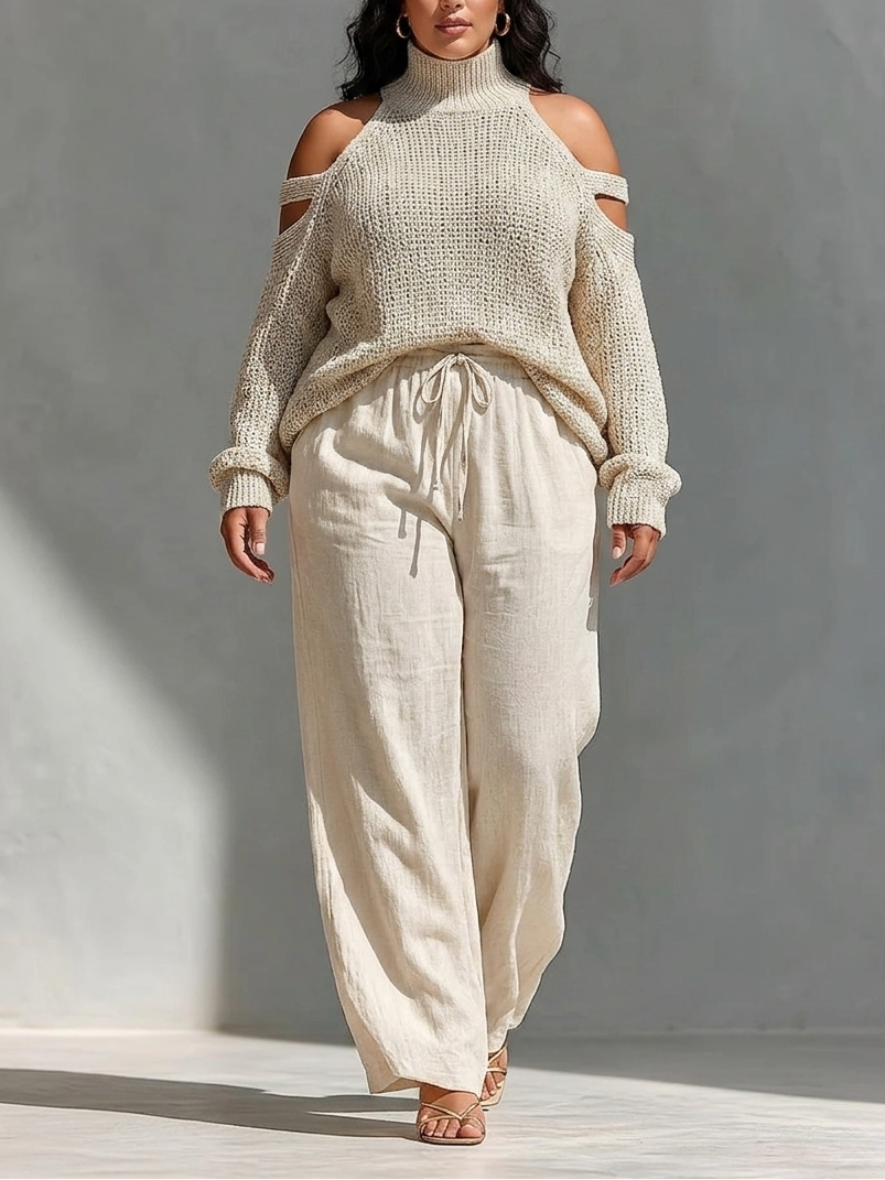 Cold Shoulder Turtleneck Knit Sweater and Wide Leg Pants Two Piece Set 2
