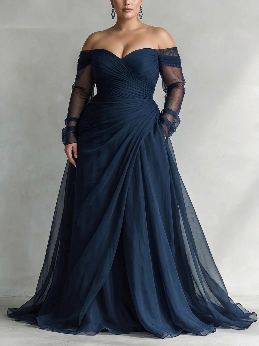 Off Shoulder Sweetheart Ruched Sheer Sleeve Maxi Gown 2