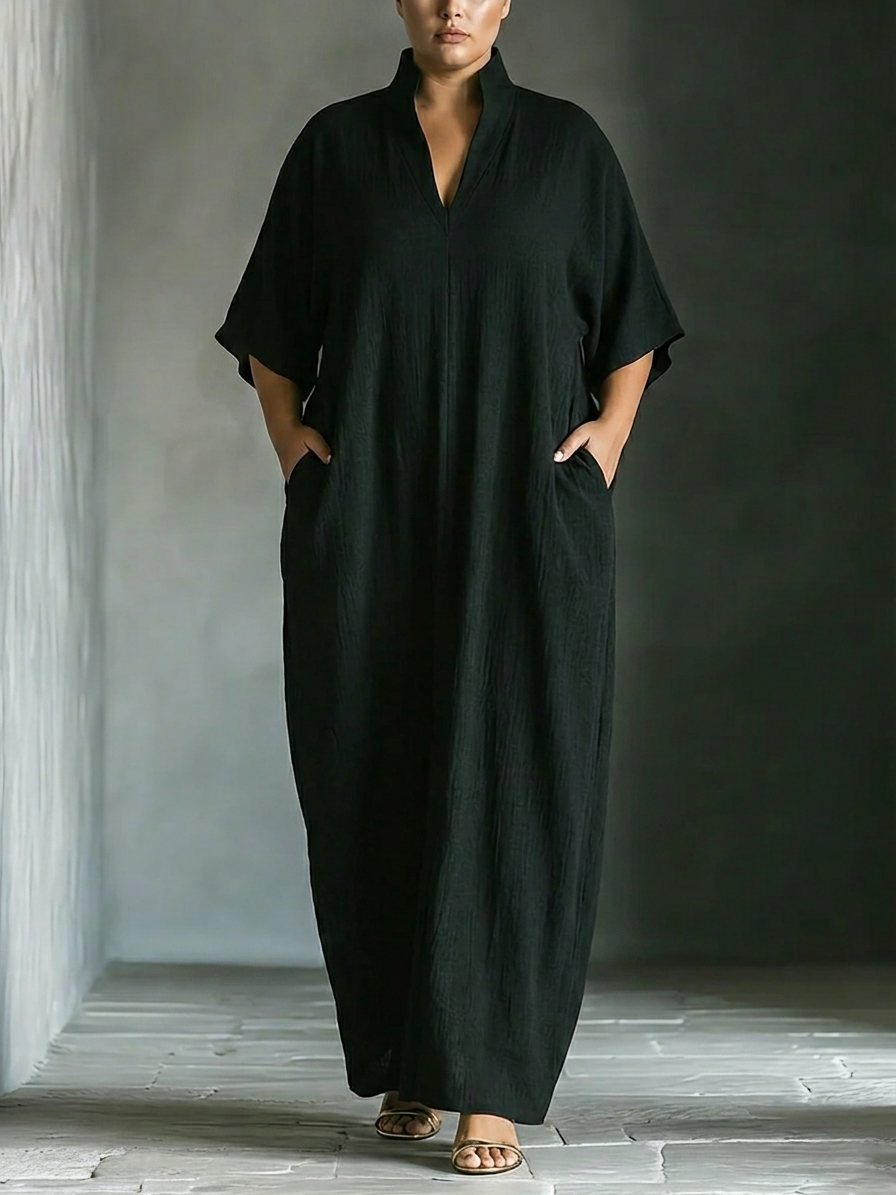 Stand Collar Deep V-Neck Batwing Sleeve Pocket Maxi Dress 2