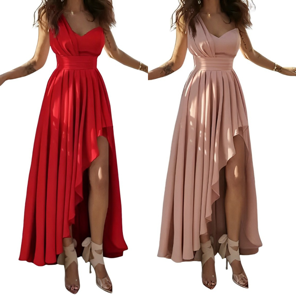 Glitter Dot One Shoulder Ruched Pleated Waist High Low Wrap Maxi Gown - View 4