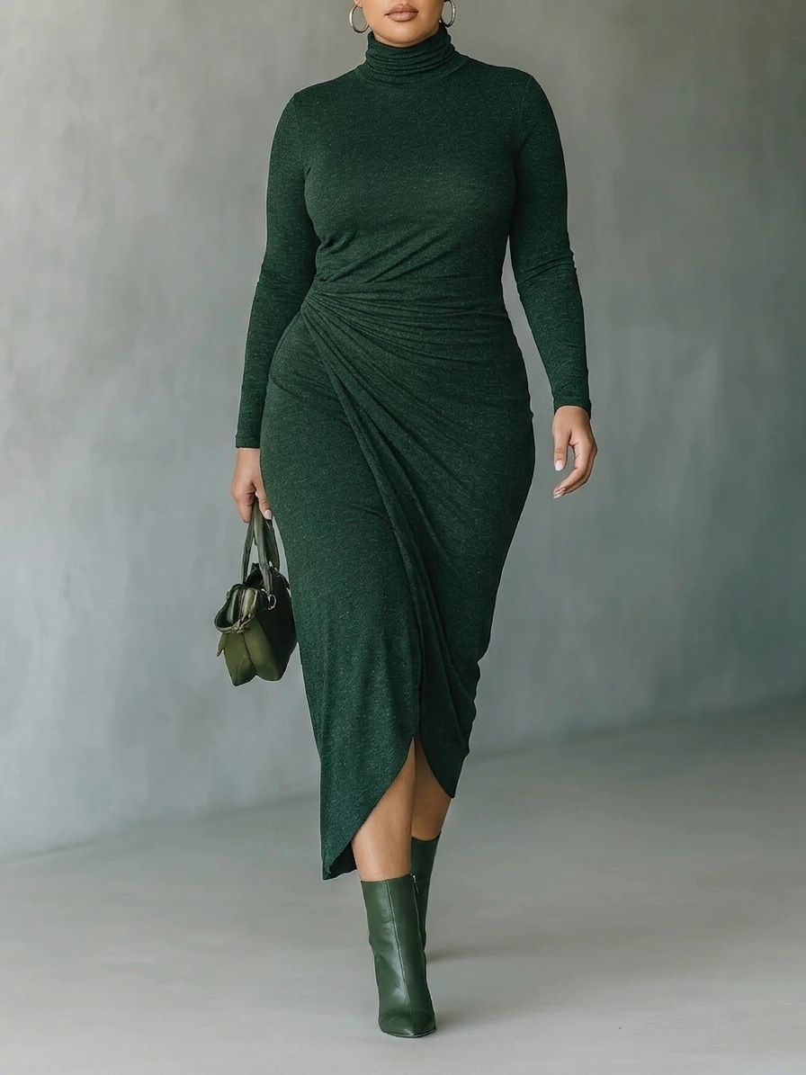 Turtleneck Long Sleeve Ruched Bodycon Midi Dress 2