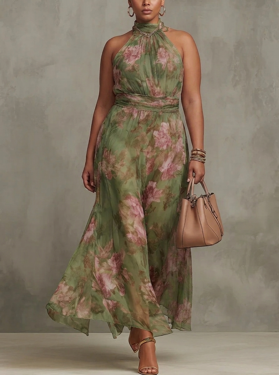 Floral Halter Neck Sleeveless Flowy Maxi Dress 2