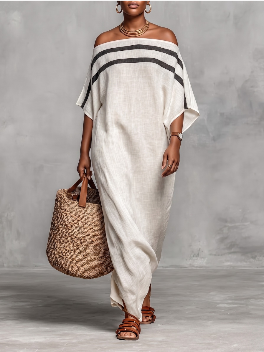 Striped Off Shoulder Batwing Sleeve Kaftan Maxi Dress 6