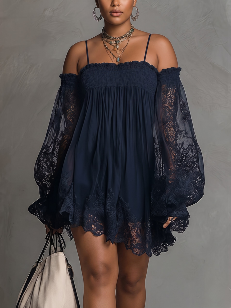 Off Shoulder Sheer Lace Balloon Sleeve Smocked Mini Dress 2