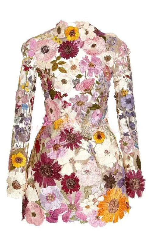 Mock Neck Long Sleeve Floral Embroidered Mesh Bodycon Mini Dress - View 10