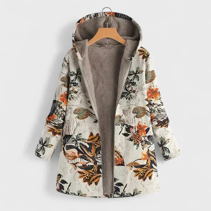 Floral Print Hooded Fleece Lined Open Front Parka