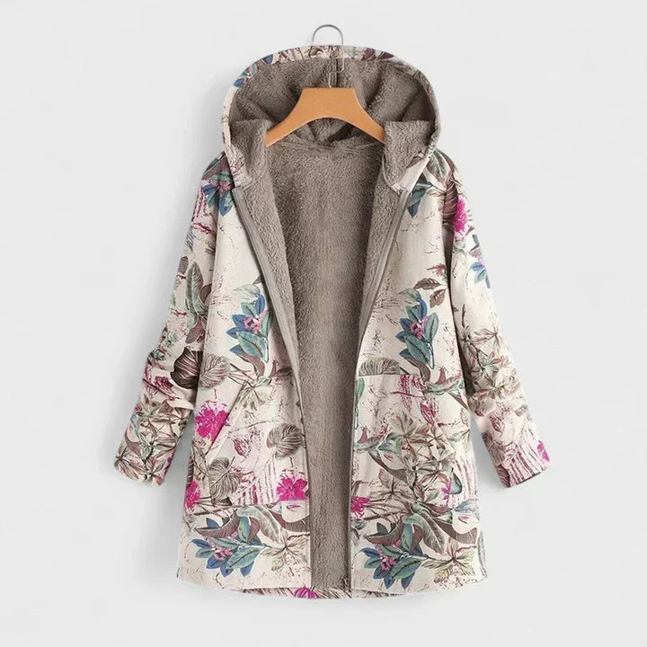 Floral Print Hooded Fleece Lined Open Front Parka 2
