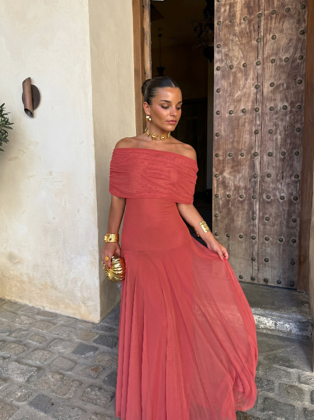 Off Shoulder Ruched Draped Fit and Flare Maxi Dress