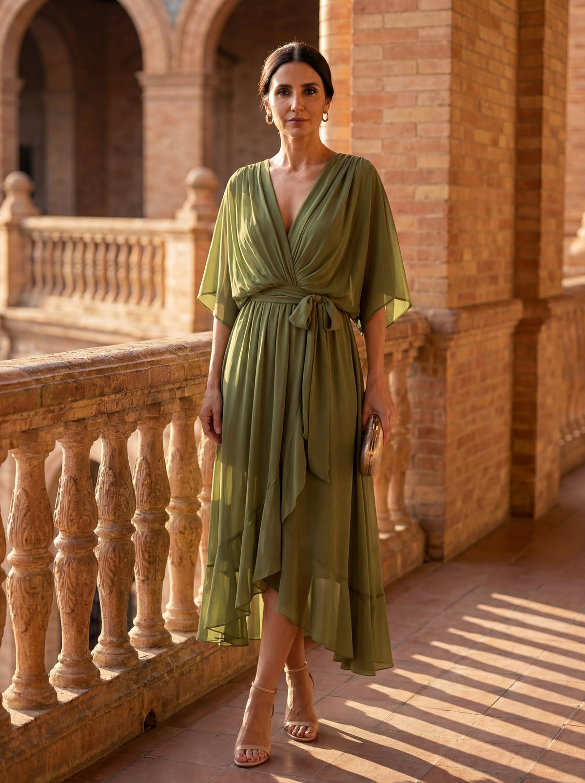 V-Neck Kimono Sleeve Belted Ruffle High Low Midi Dress 2