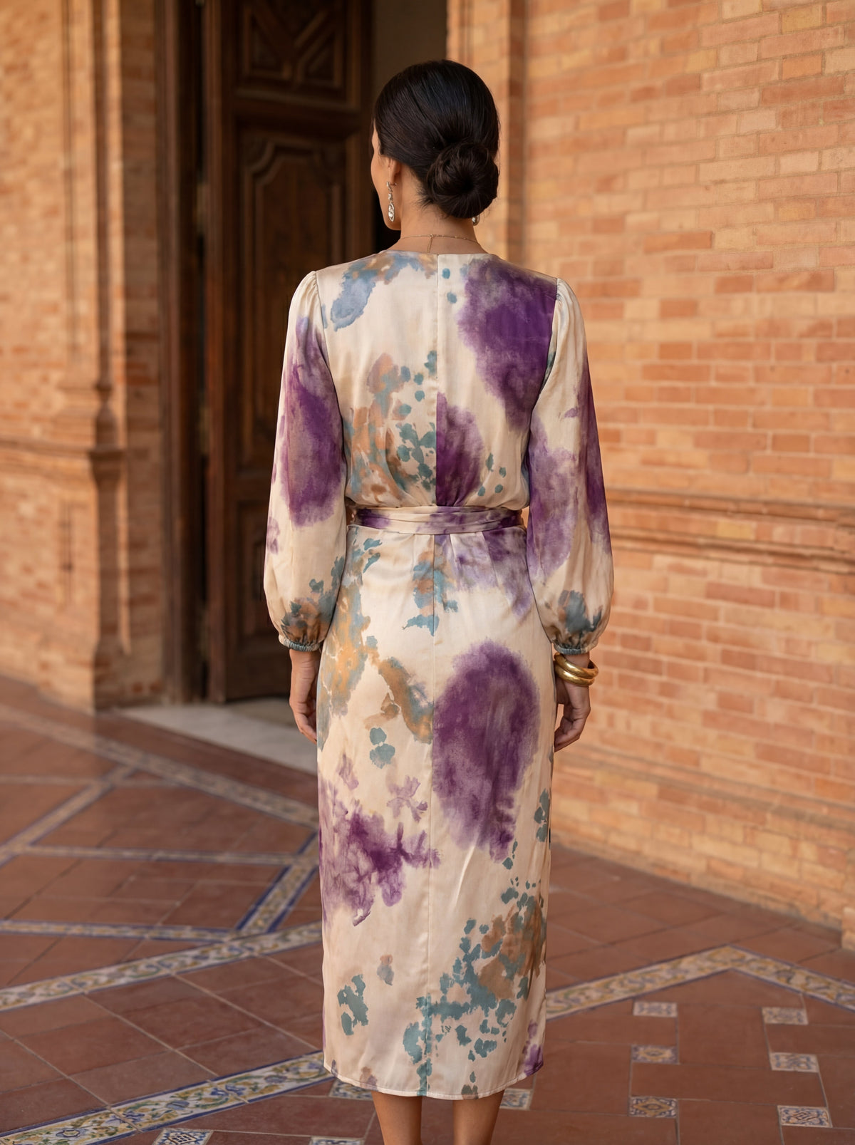 Watercolor Print V-Neck Long Sleeve Wrap Midi Dress 2