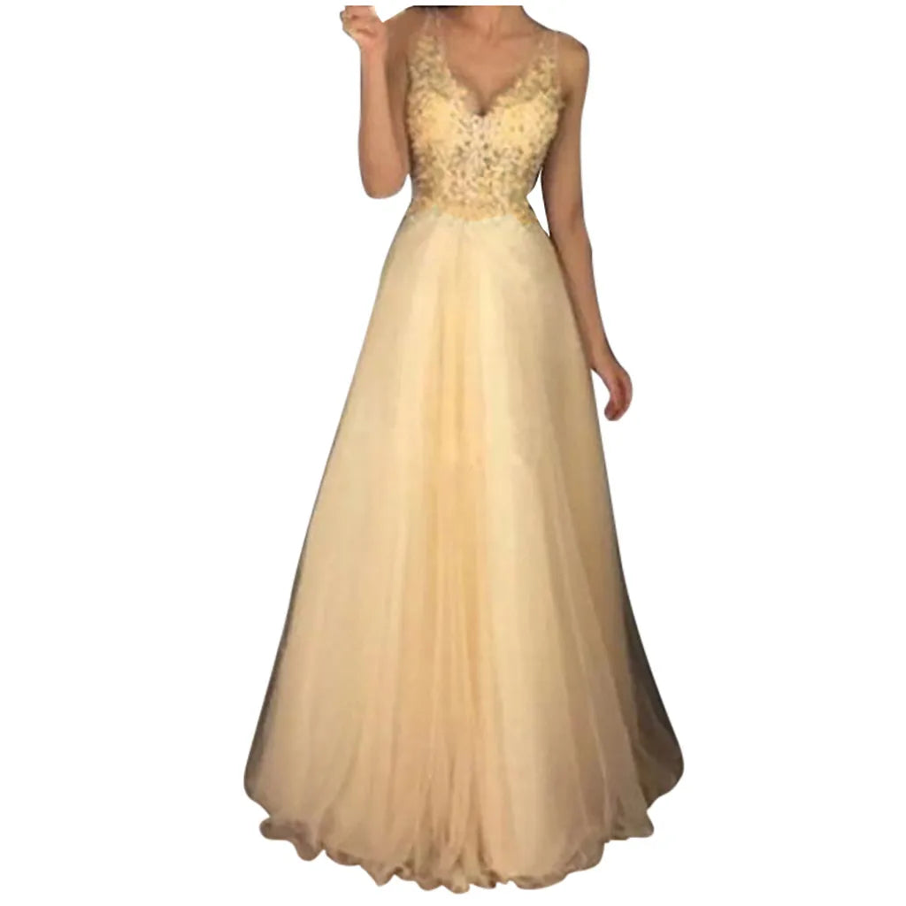 Tulle V-Neck Beaded Lace Backless A-Line Maxi Gown - View 2