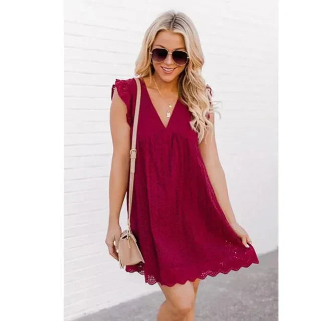 Eyelet Deep V-Neck Flutter Sleeve Scalloped Hem Babydoll Mini Dress - View 9