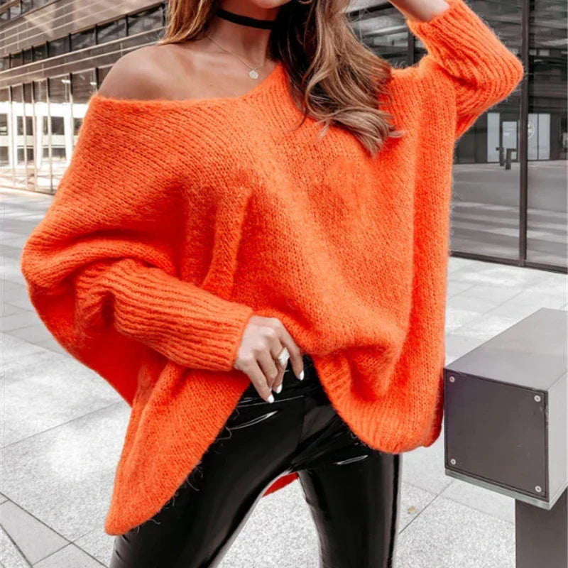 V - Neck Batwing Sleeve Y2k Sweater Orange / S