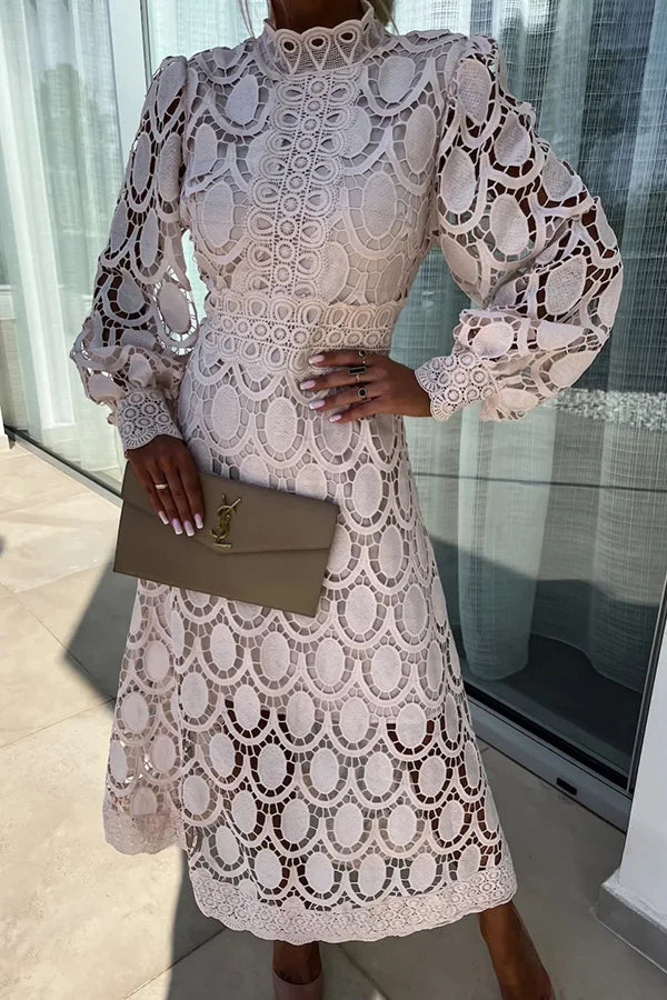 Irma Crochet Lace Lantern Sleeve Midi Dress
