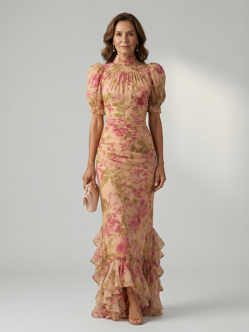 Floral High Neck Puff Sleeve Ruffle Hem Maxi Dress