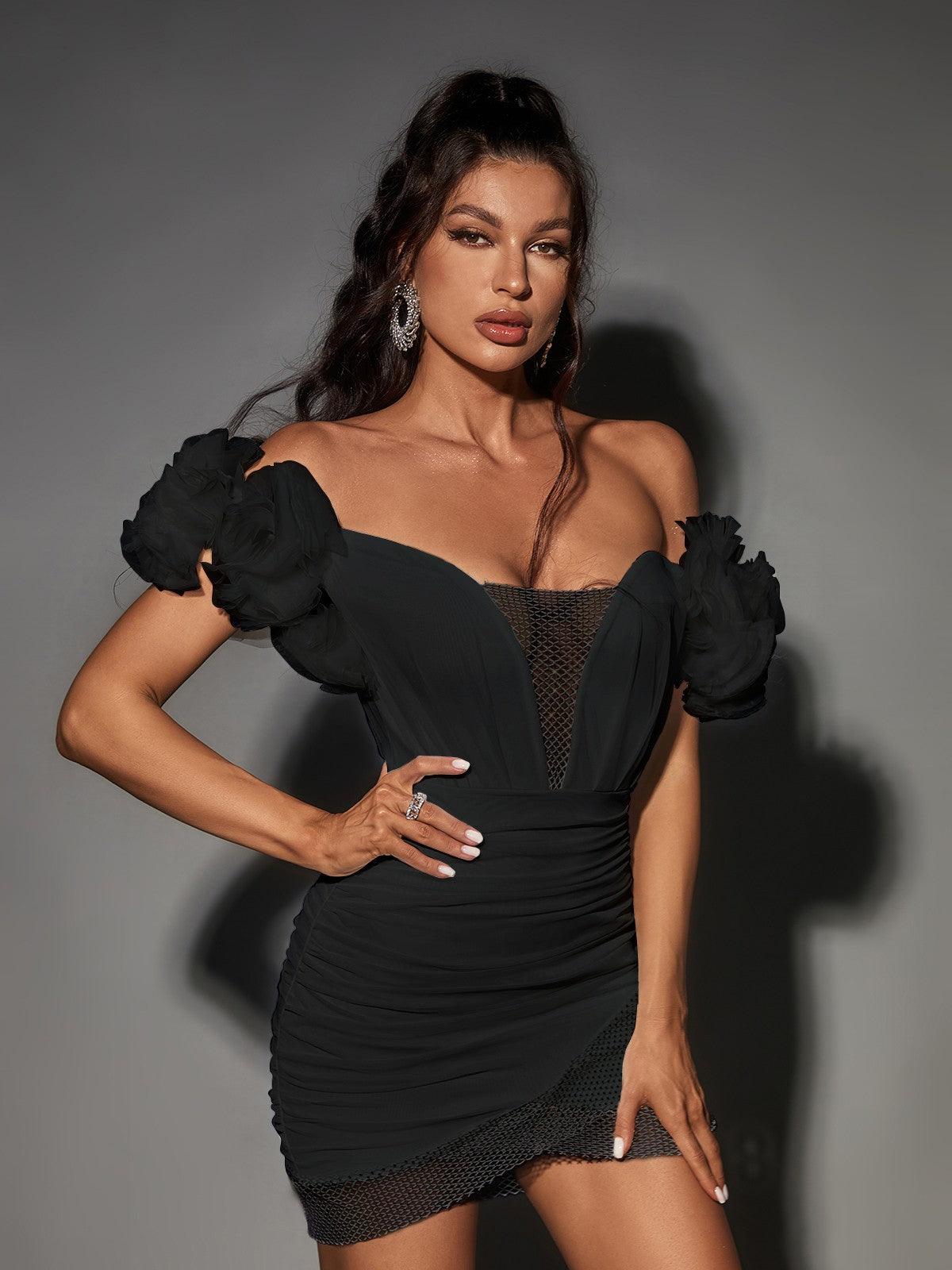 Off Shoulder Ruffle Sleeve Mesh Panel Ruched Bandage Mini Dress - View 4