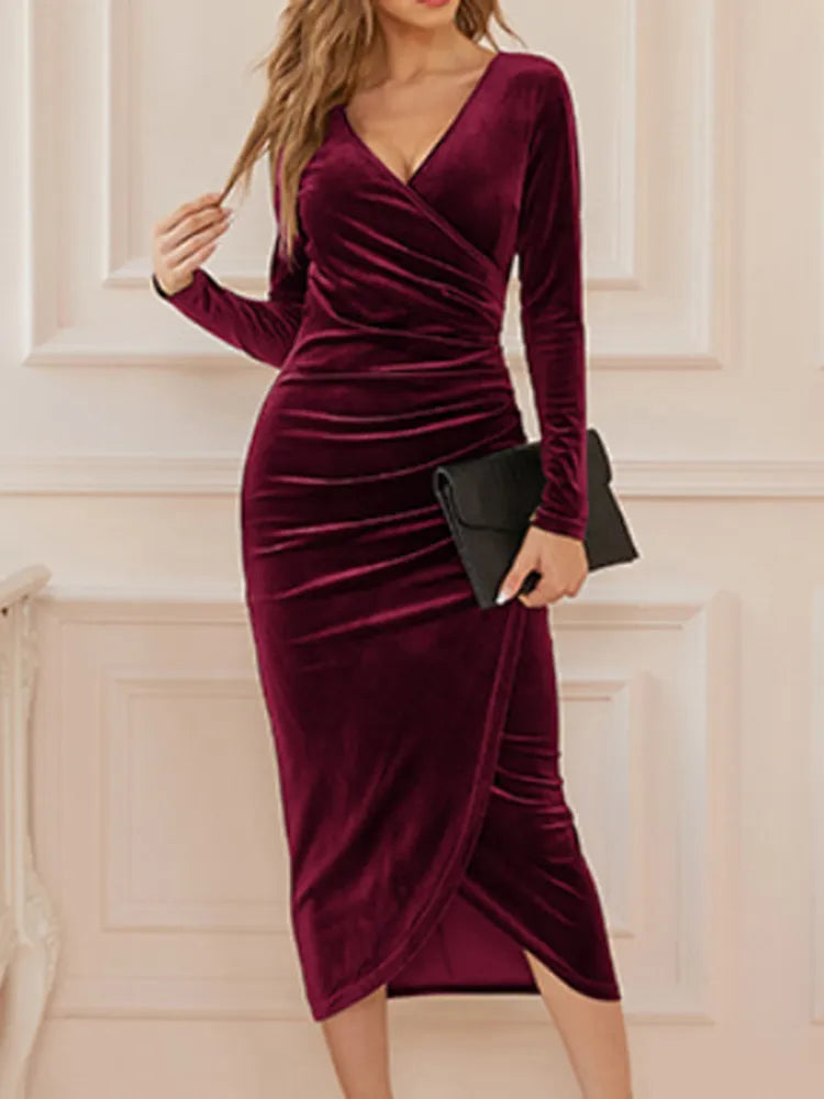 Velvet Deep V-Neck Long Sleeve Ruched High Split Bodycon Midi Dress