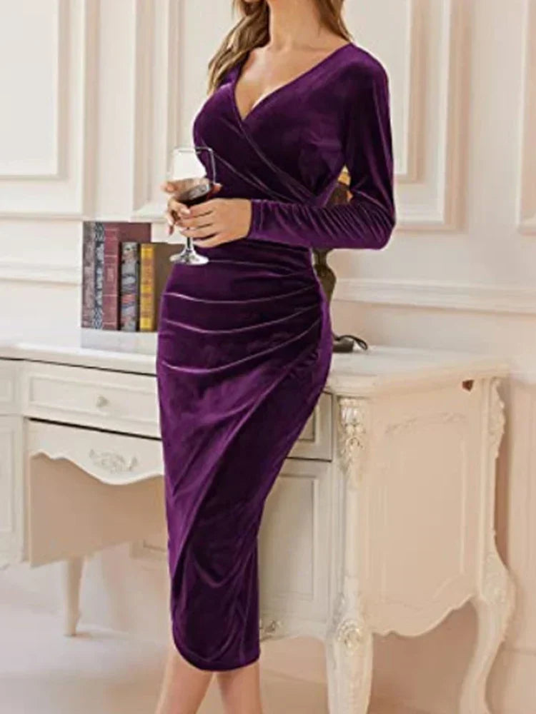 Velvet Deep V-Neck Long Sleeve Ruched High Split Bodycon Midi Dress - View 4