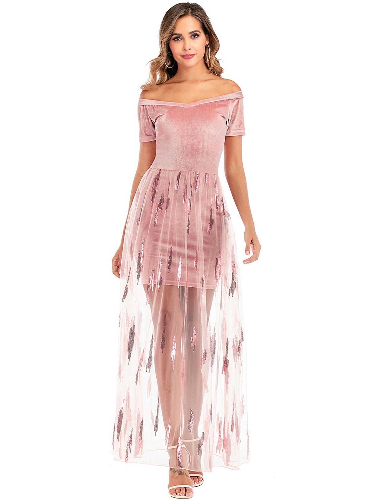 Velvet Off Shoulder Short Sleeve Sequin Sheer Mesh Maxi Party Dress